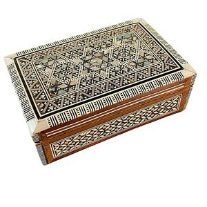 Wood Box Mother of Pearl Inlay Hinged Egypt Lined 6 3/8” x 4 1/8” x 2 1/4”